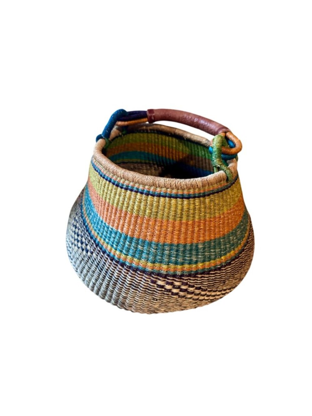 Colorful Woven Bolga Market Basket Leather Handle - Picture 2 of 10